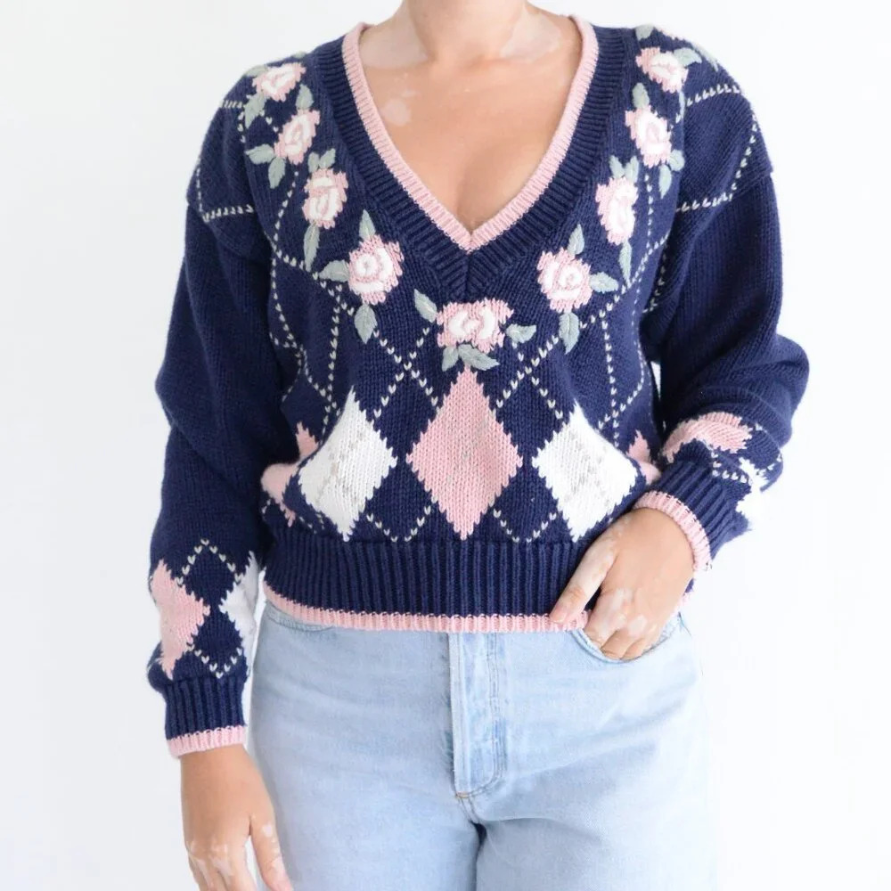 Vintage Ninon De Lenelos Navy Pink Floral ArgyleCrop Varsity Preppy Sweater L